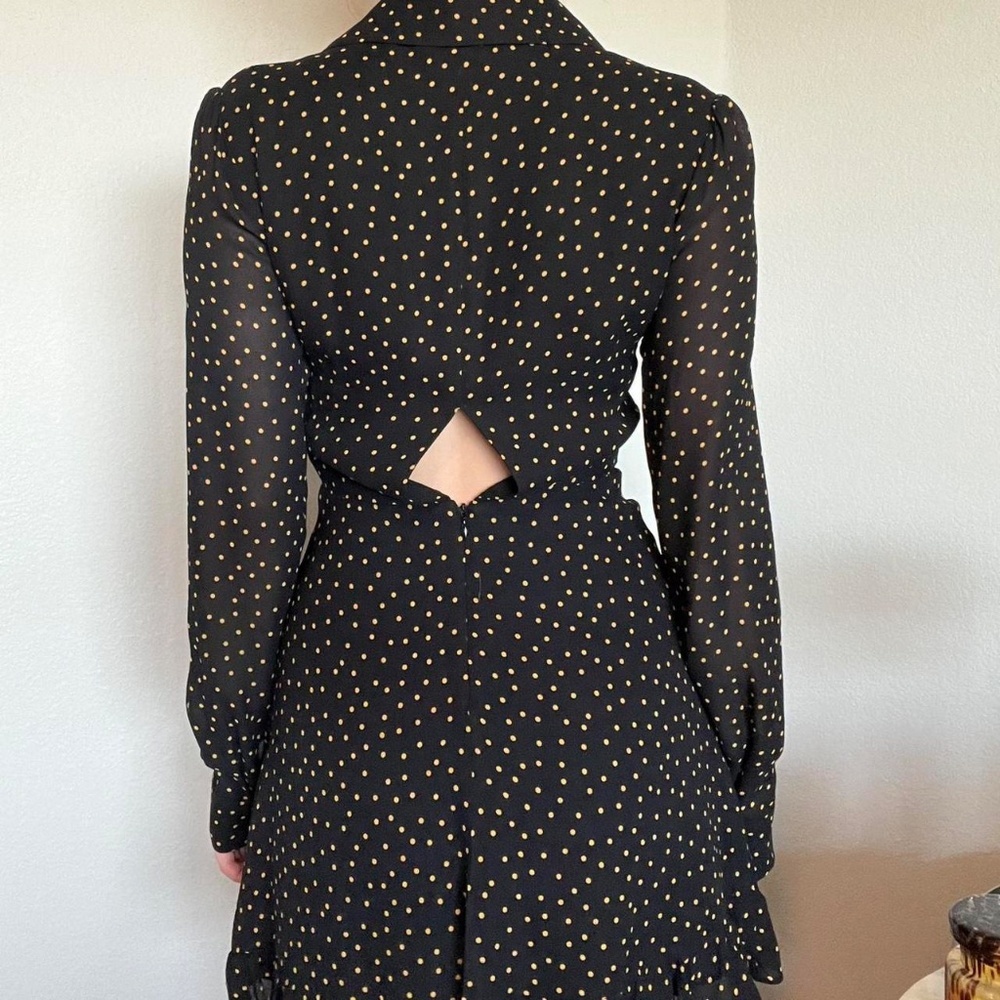 Reformation Monti Black Gold Polka Dot Long Sleeve Mini Dress Cutout Back 10 NWT - Picture 4 of 14